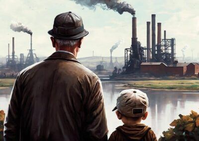 abuelo y nieto observan polucion de planta de biogas